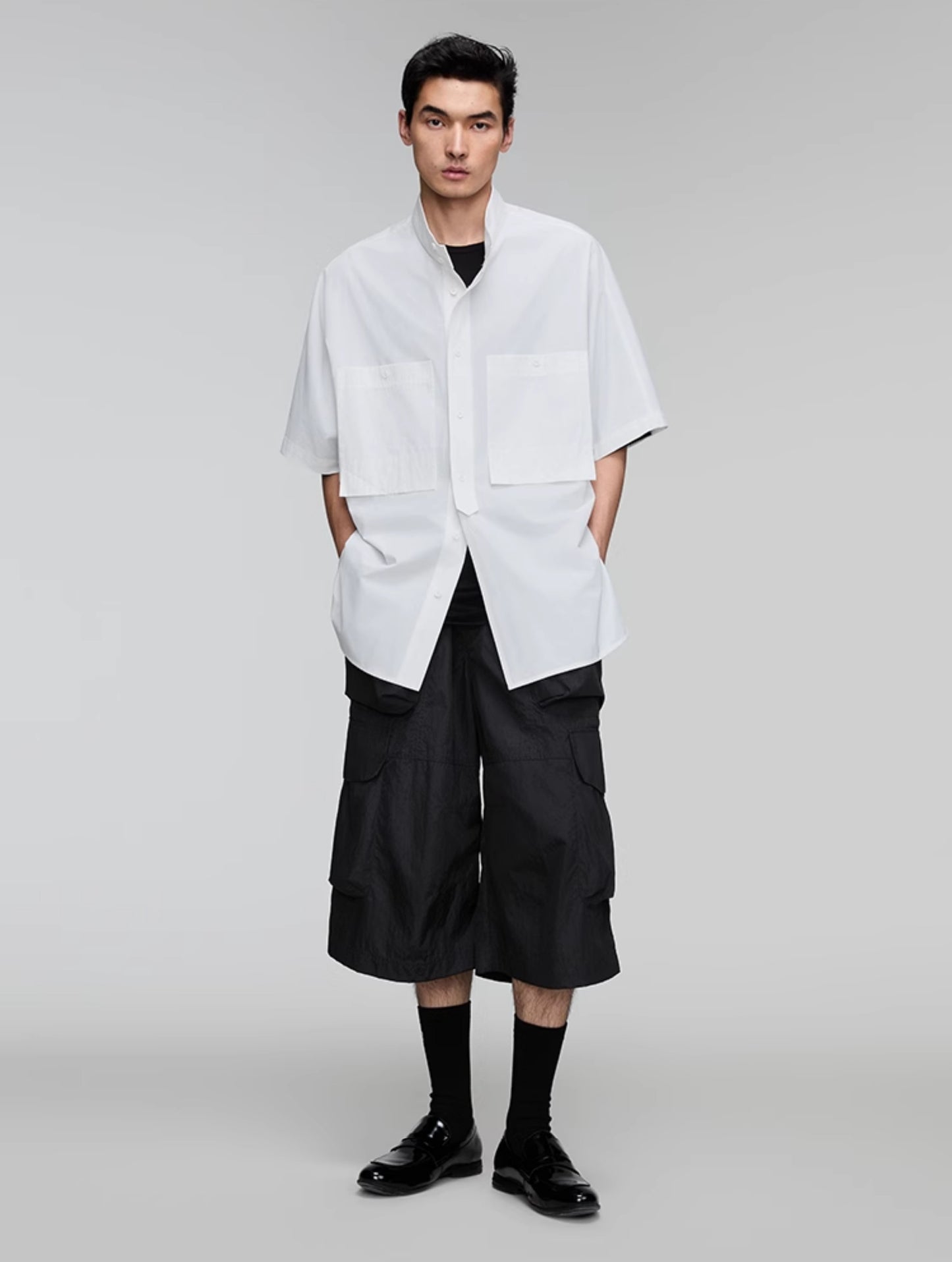 Stand collar double patch pocket shirt