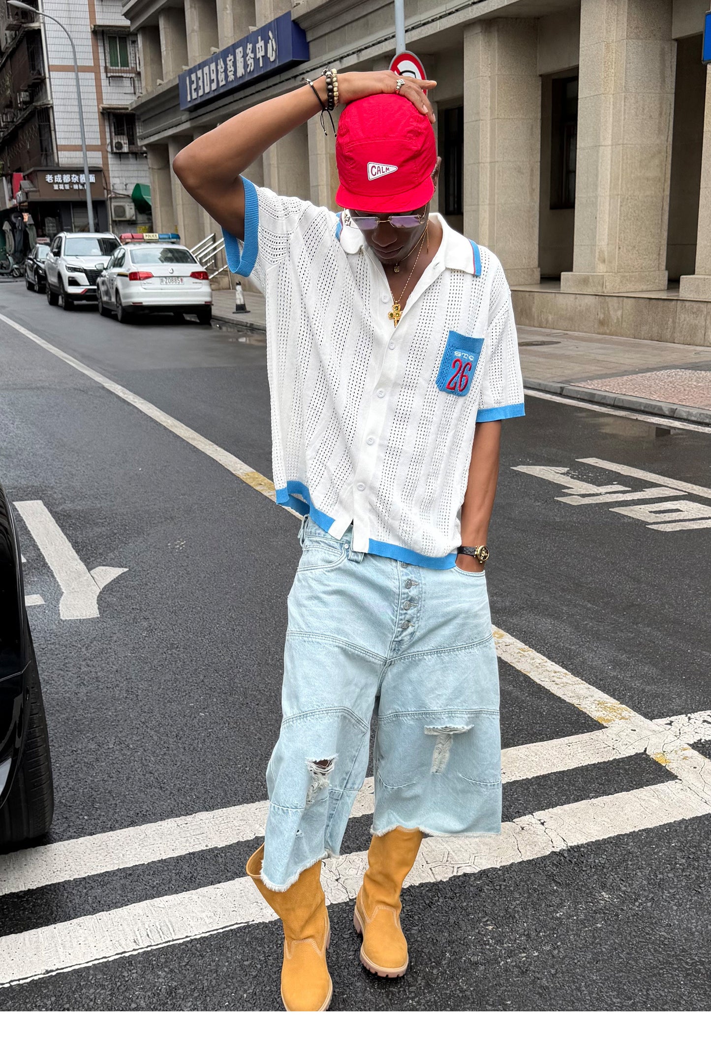 Vintage Whisker-Washed Loose-Fit Denim Shorts