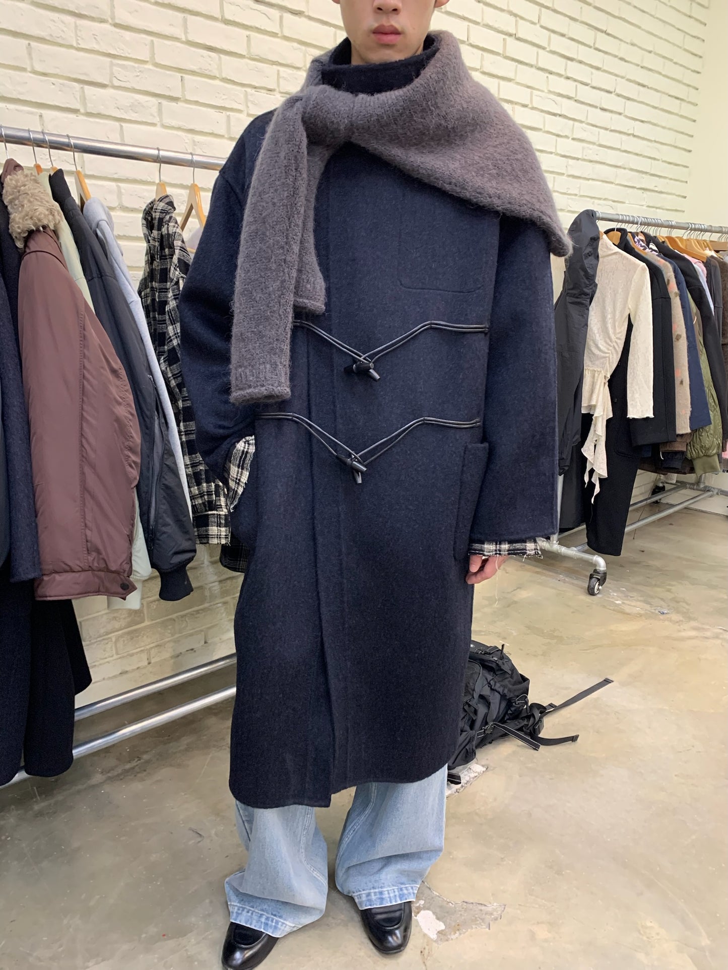 Long wool coat with diagonal placket