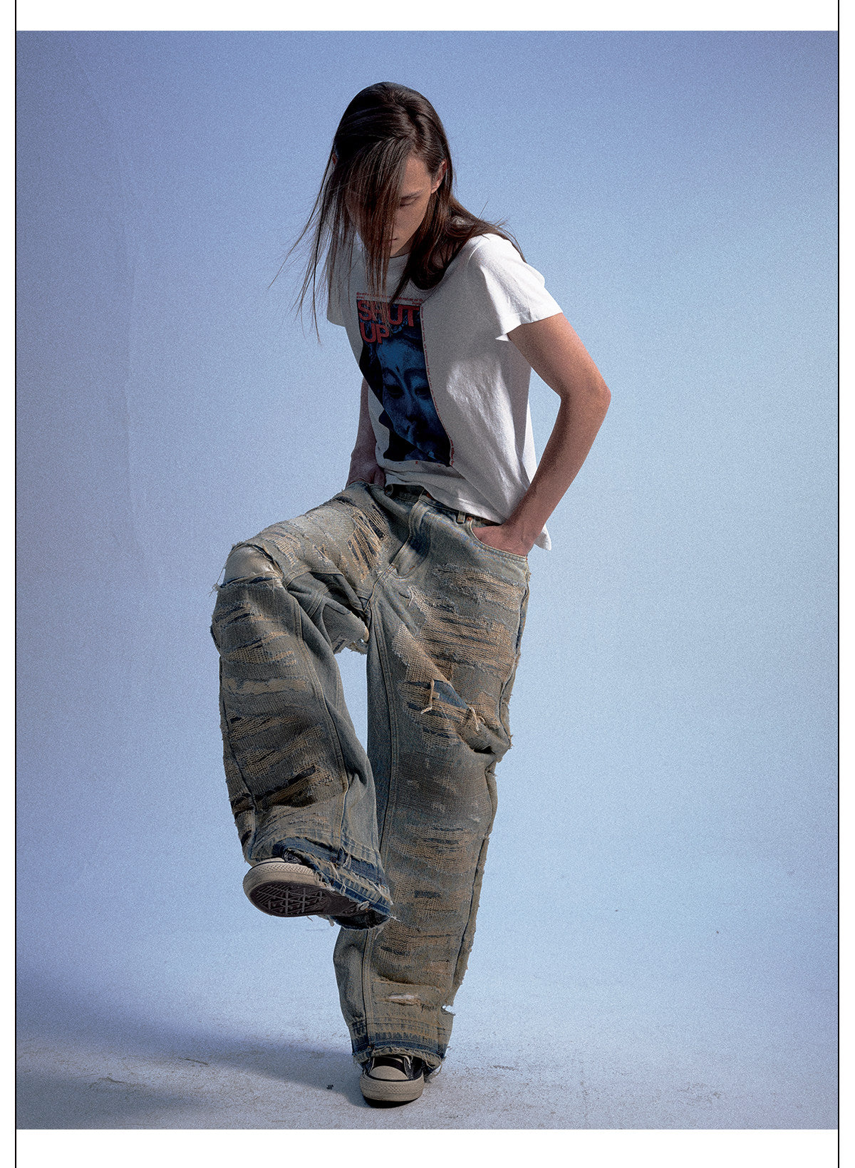 Vintage-Style Washed Wide-Leg Denim Pants