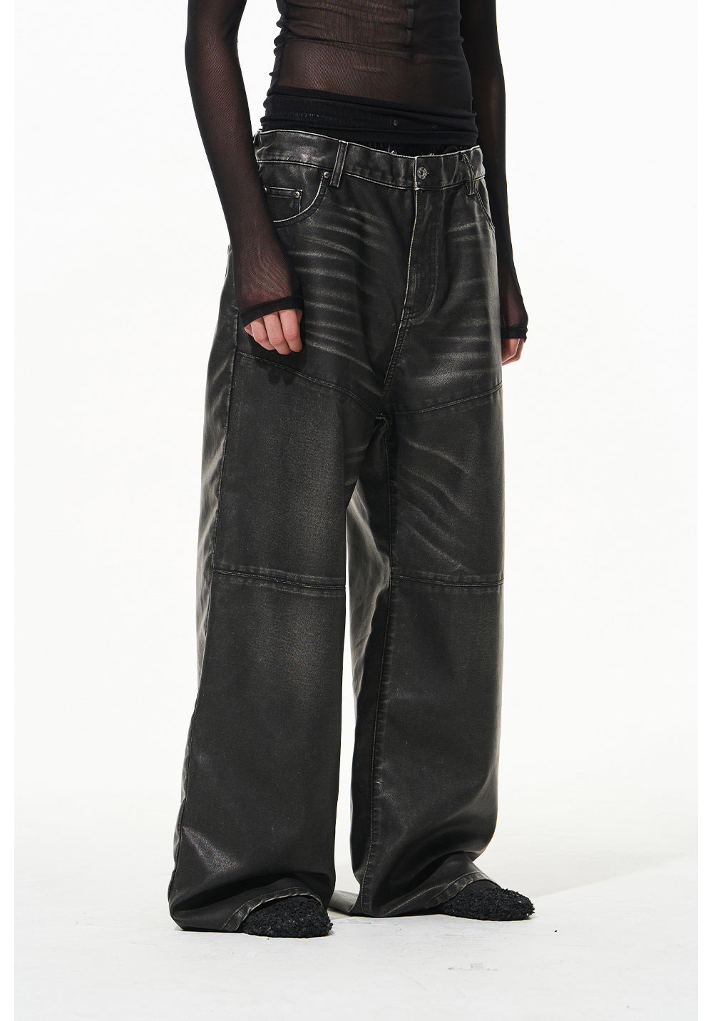 Damaged Washed Lace-up Leather Pants