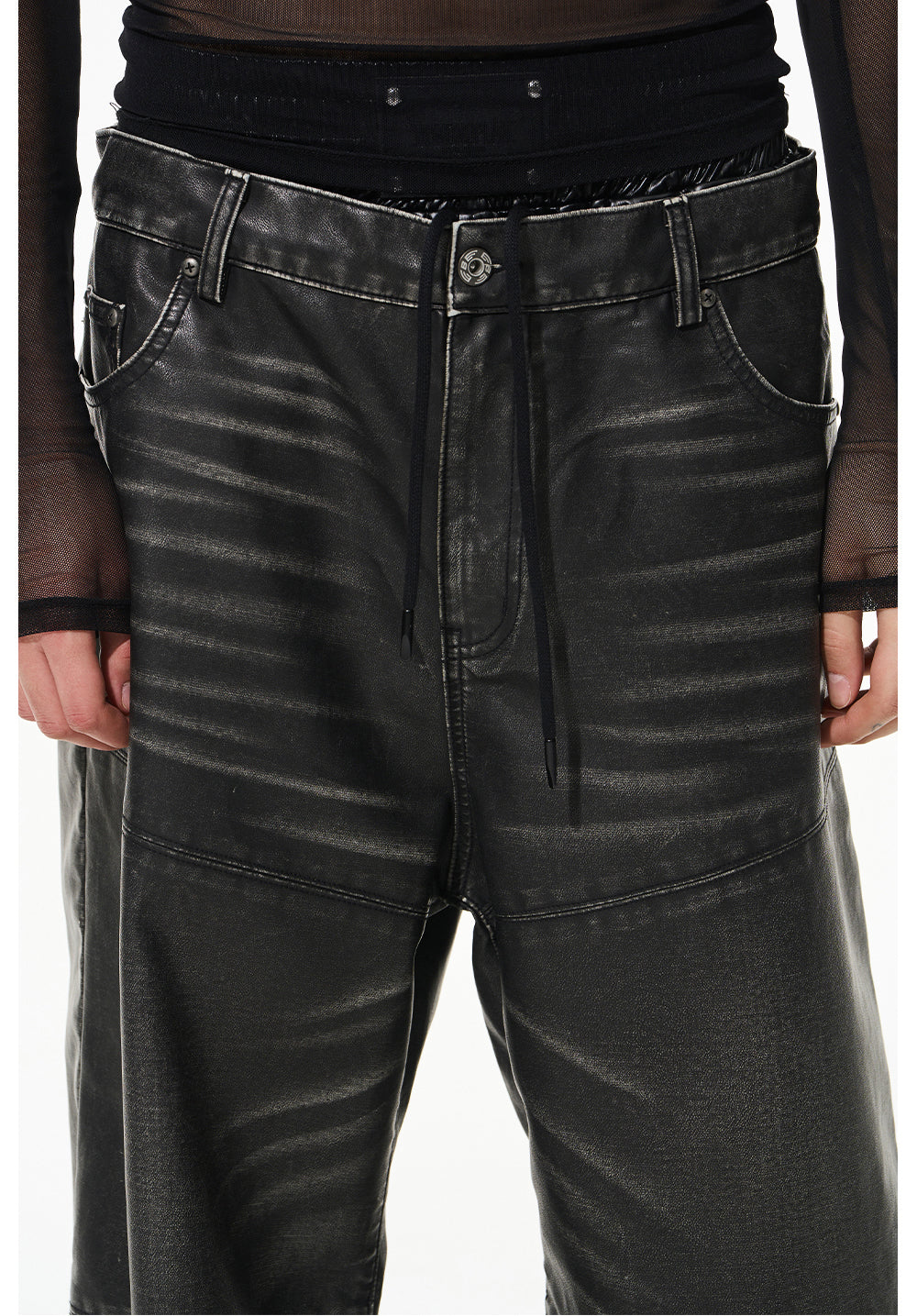 Damaged Washed Lace-up Leather Pants