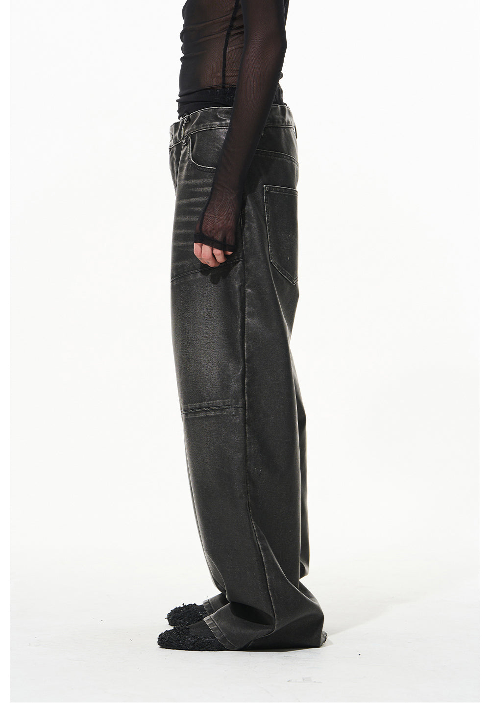 Damaged Washed Lace-up Leather Pants