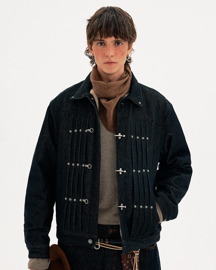 Pleated Airplane Button Denim Jacket