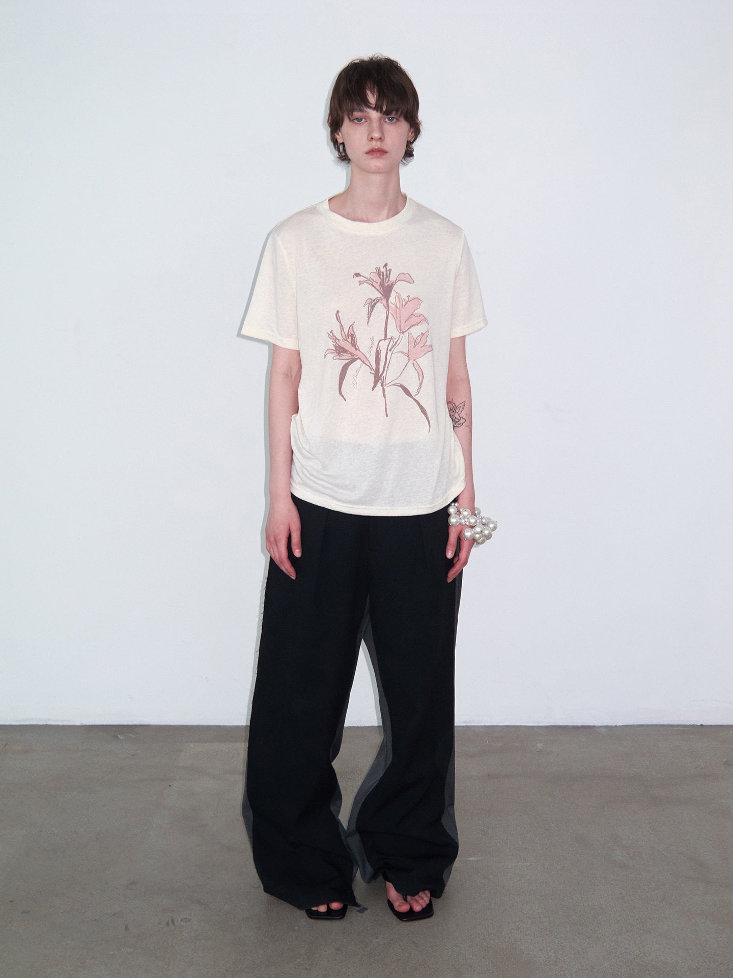 Hand-Painted Floral Print, Slightly Sheer T-Shirt