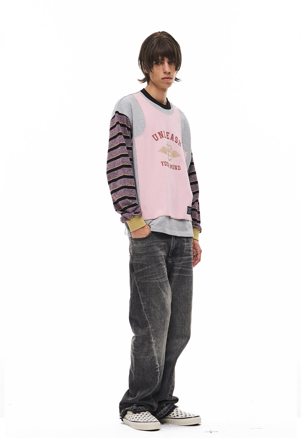 Striped Contrast-Color Round-Neck Sweatshirt