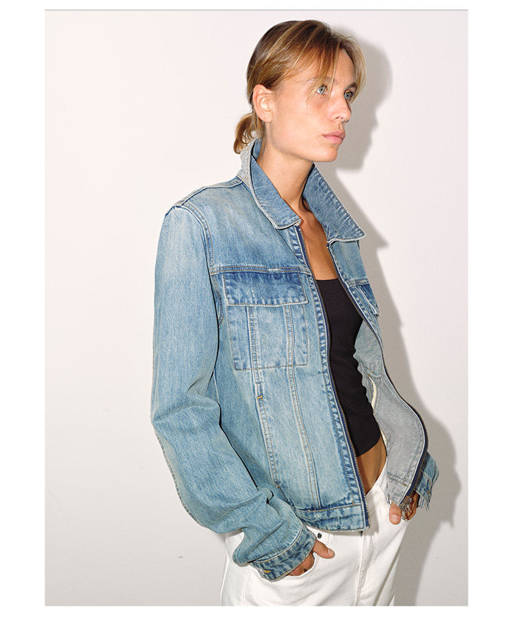 Patchwork Leather Double-Zip Denim Jacket