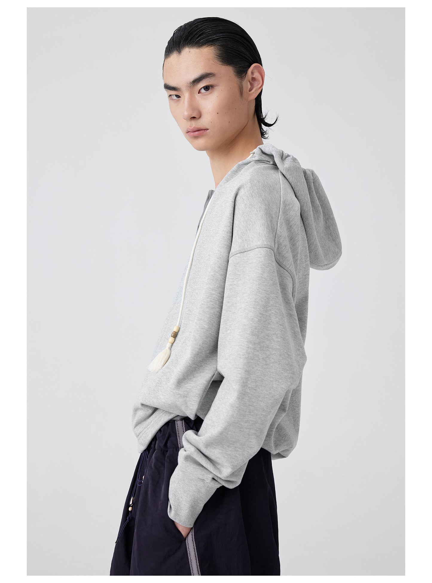 Overlap slant placket hooded sweatshirt