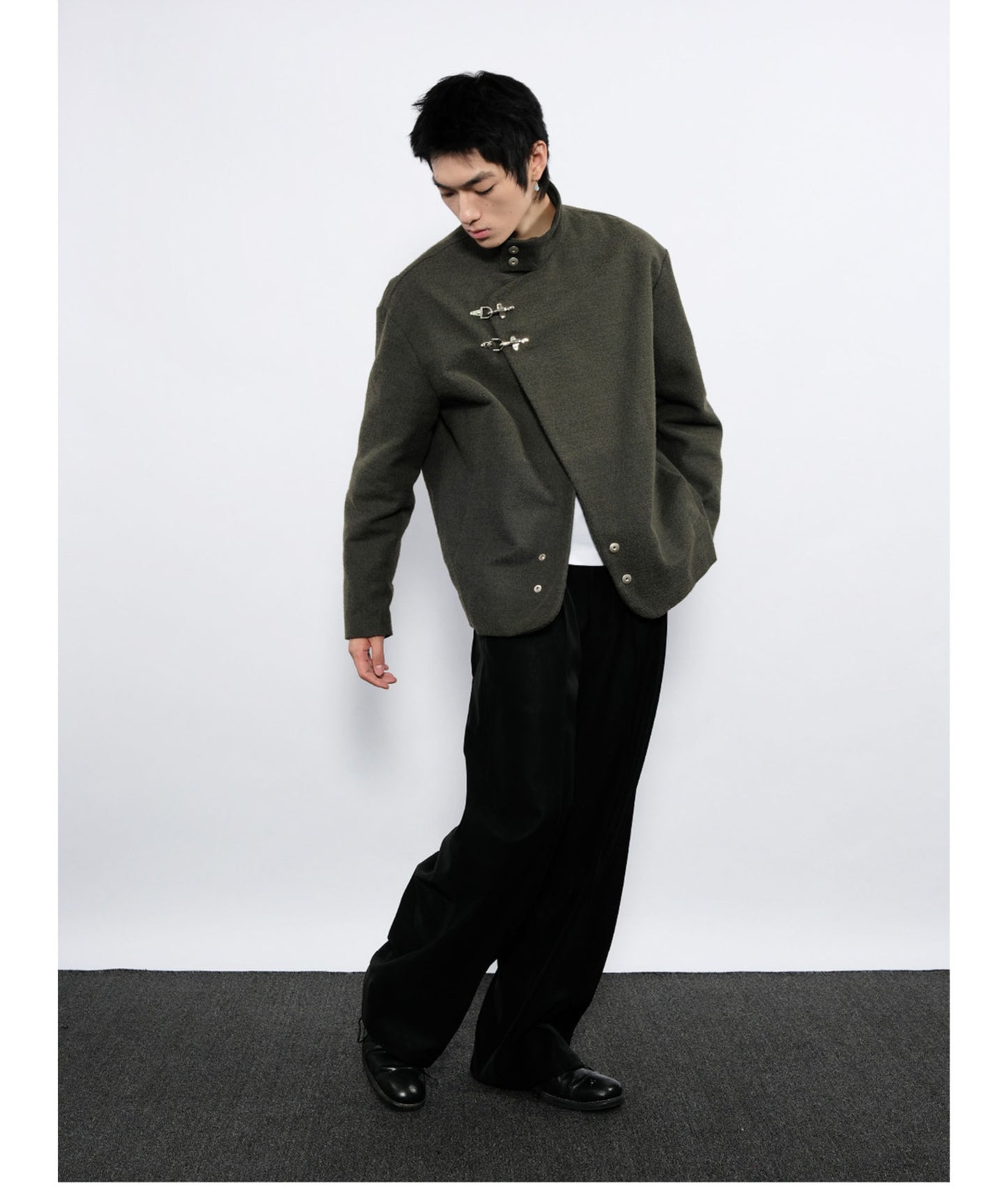 Wool jacket with diagonal front placket