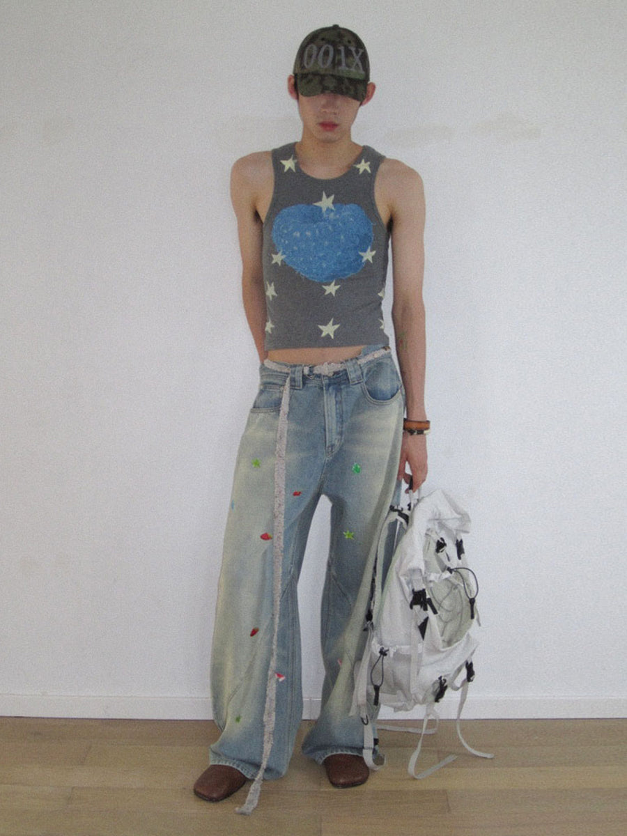 Printed Washed Whisker Jeans