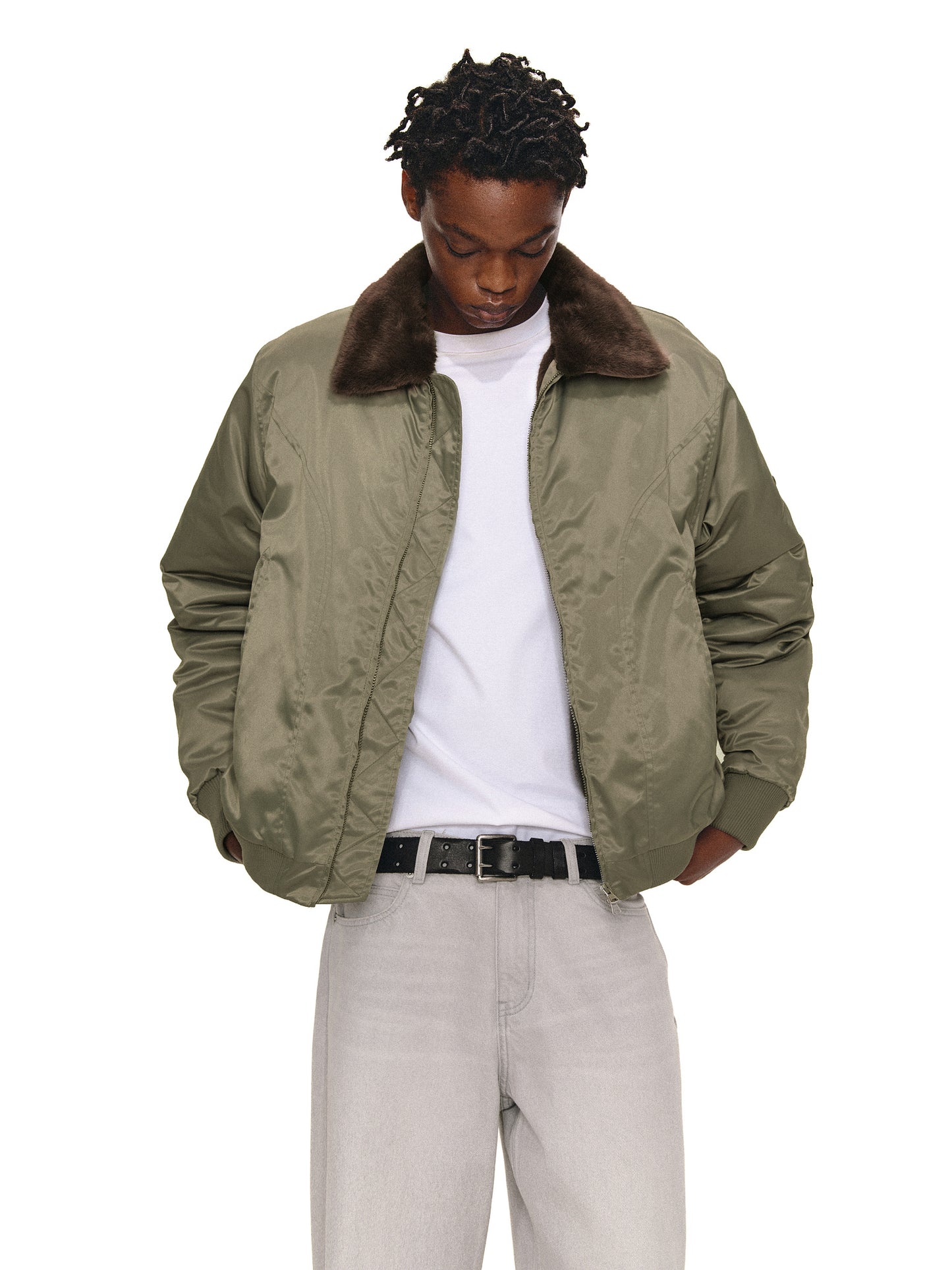 Contrast Fur Collar Bomber Jacket