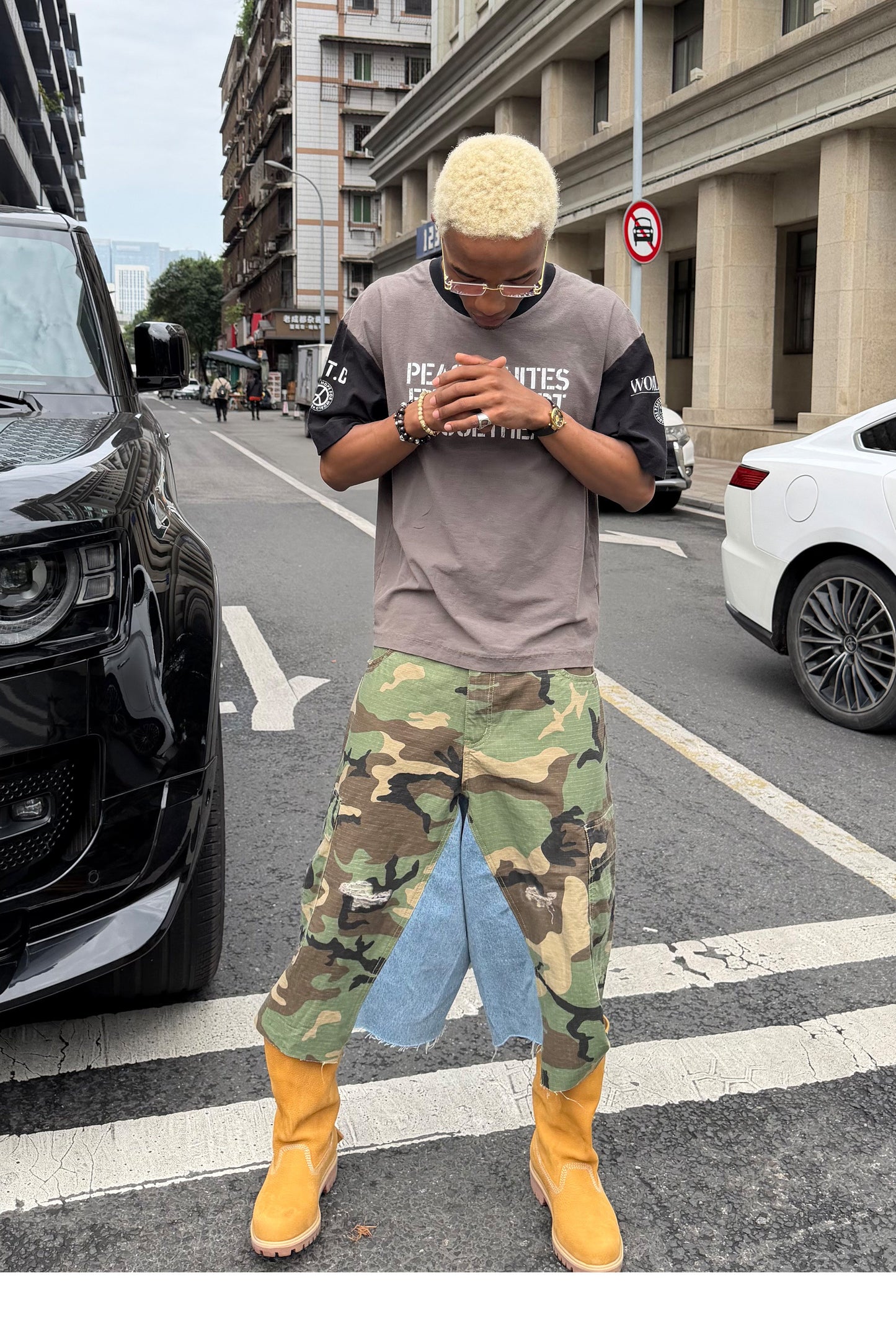 Camouflage-Print Distressed Patchwork Shorts