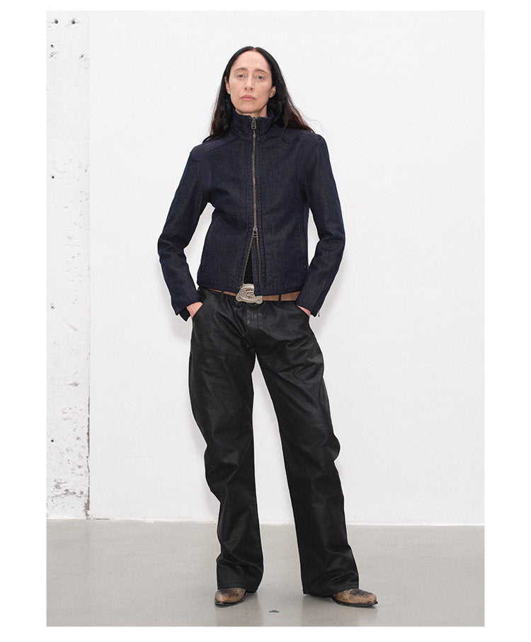 Double Zipper Slim Fit Raw Denim Jacket