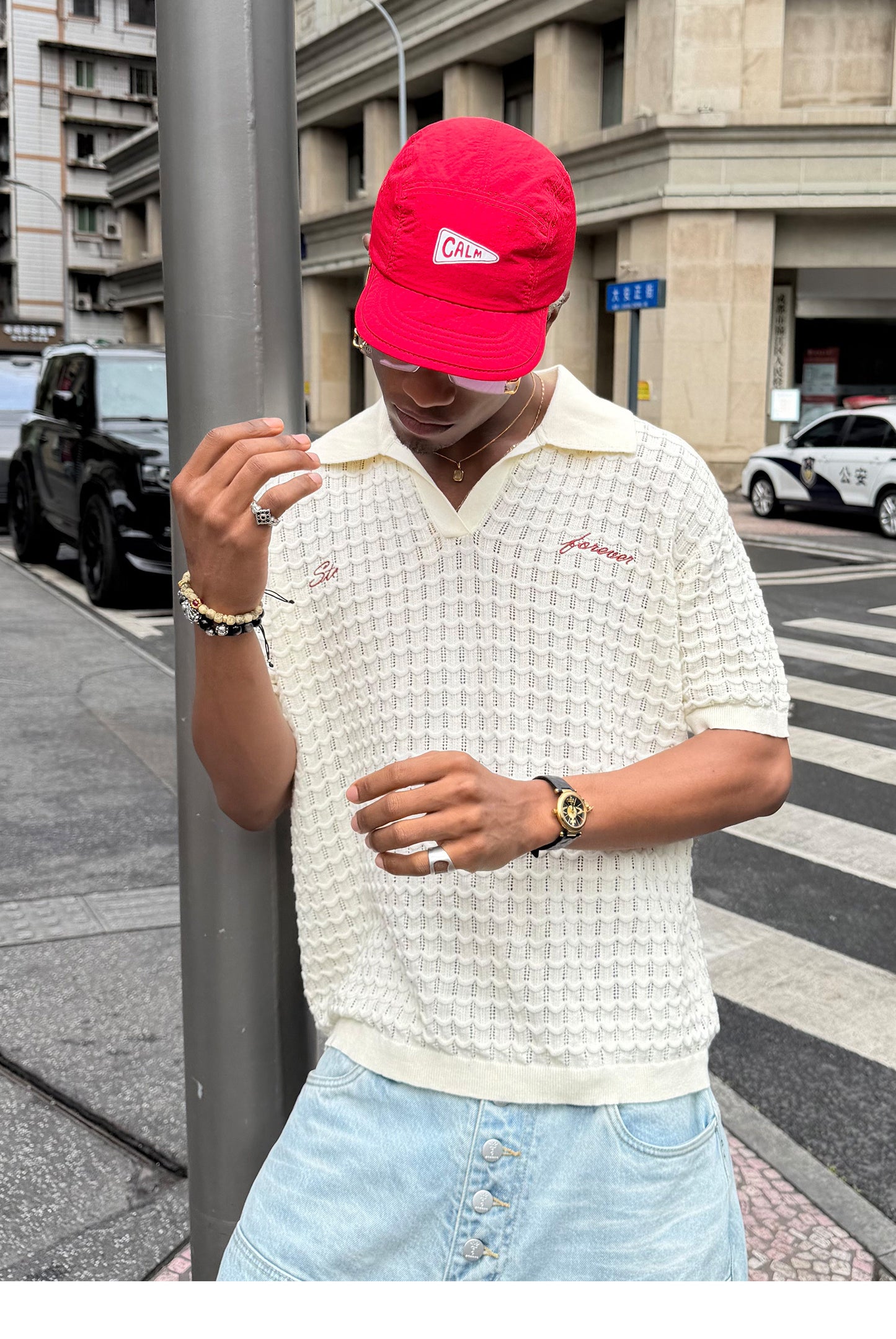 Embroidered Jacquard V-Neck Polo Shirt