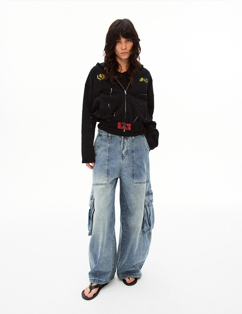 Large-Pocket Washed Jeans