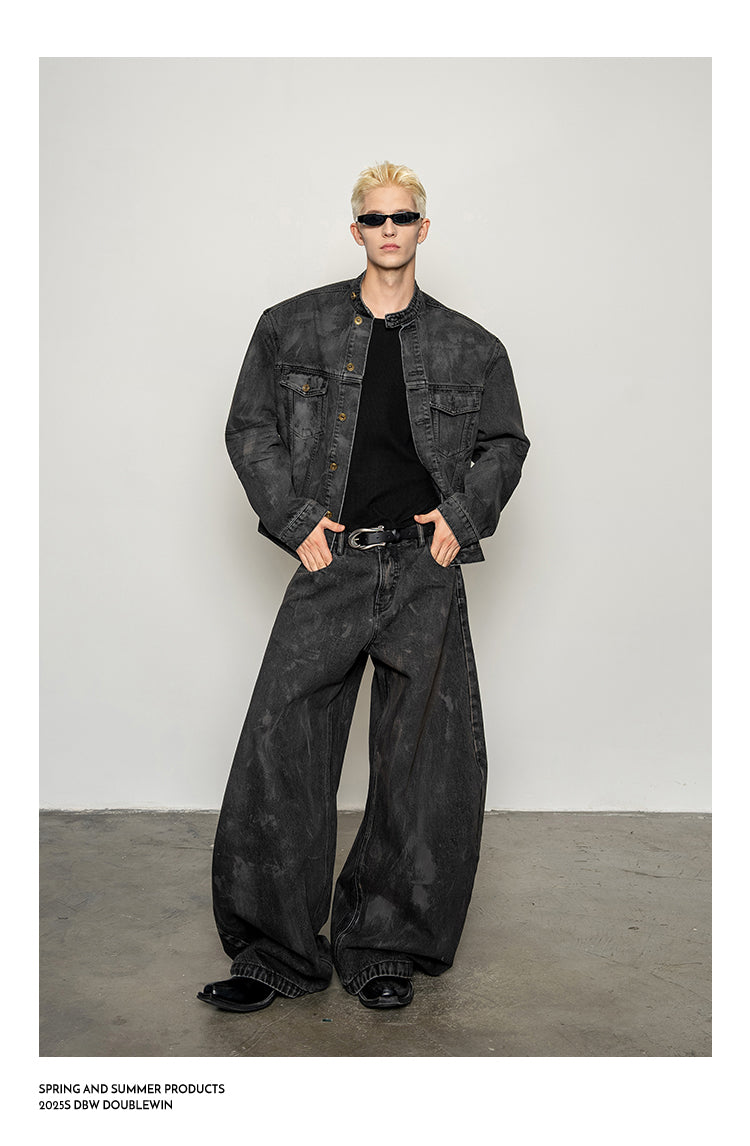 Mud-dyed distressed denim jacket set