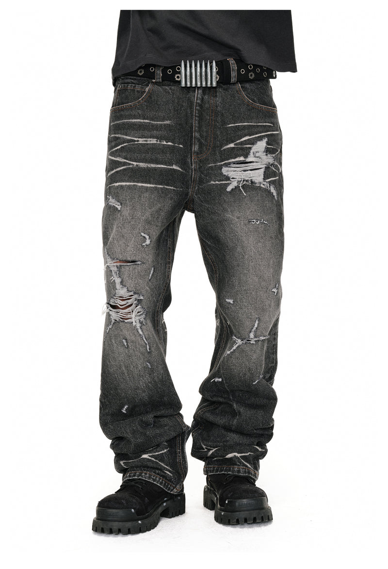 Distressed wash flare jeans