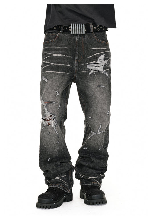 Distressed wash flare jeans