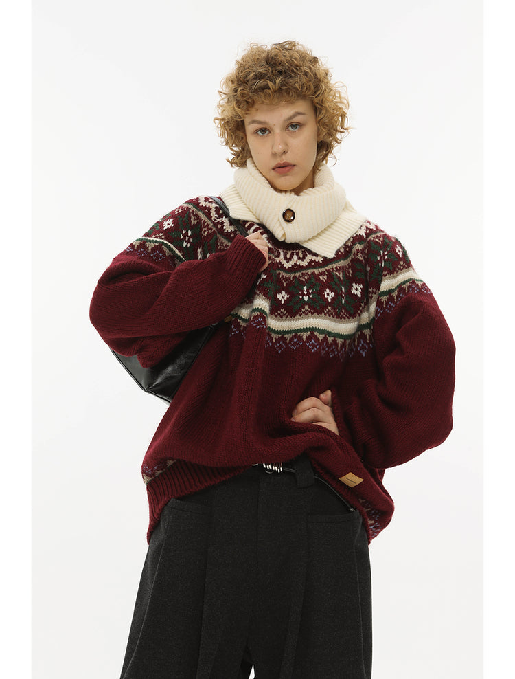 Retro Jacquard Round Neck Knit