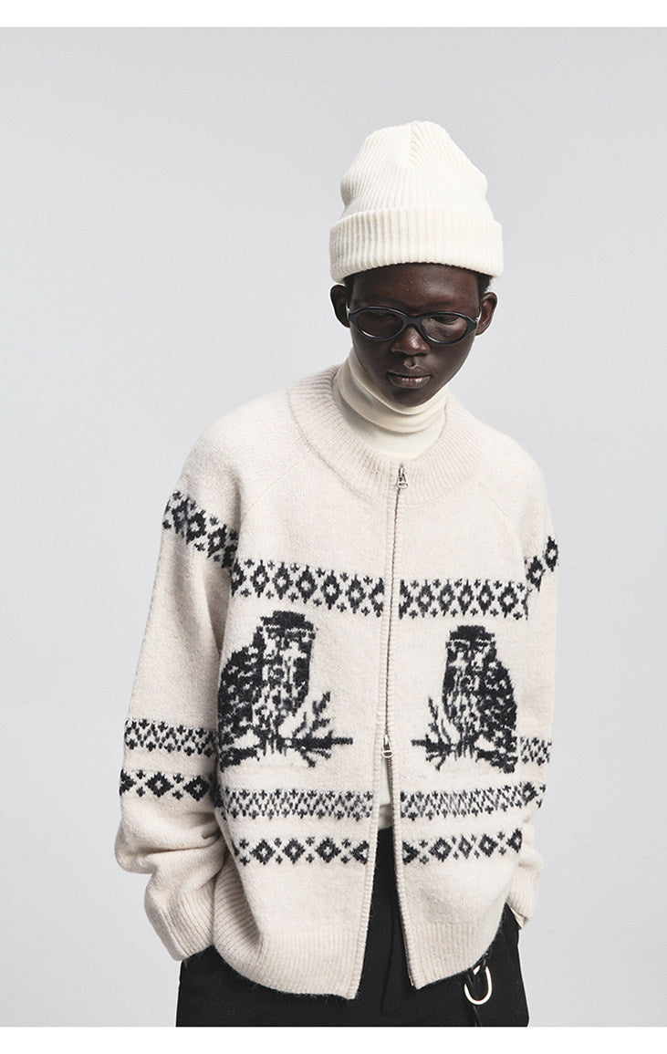 Vintage Animal Jacquard Zipper Cardigan