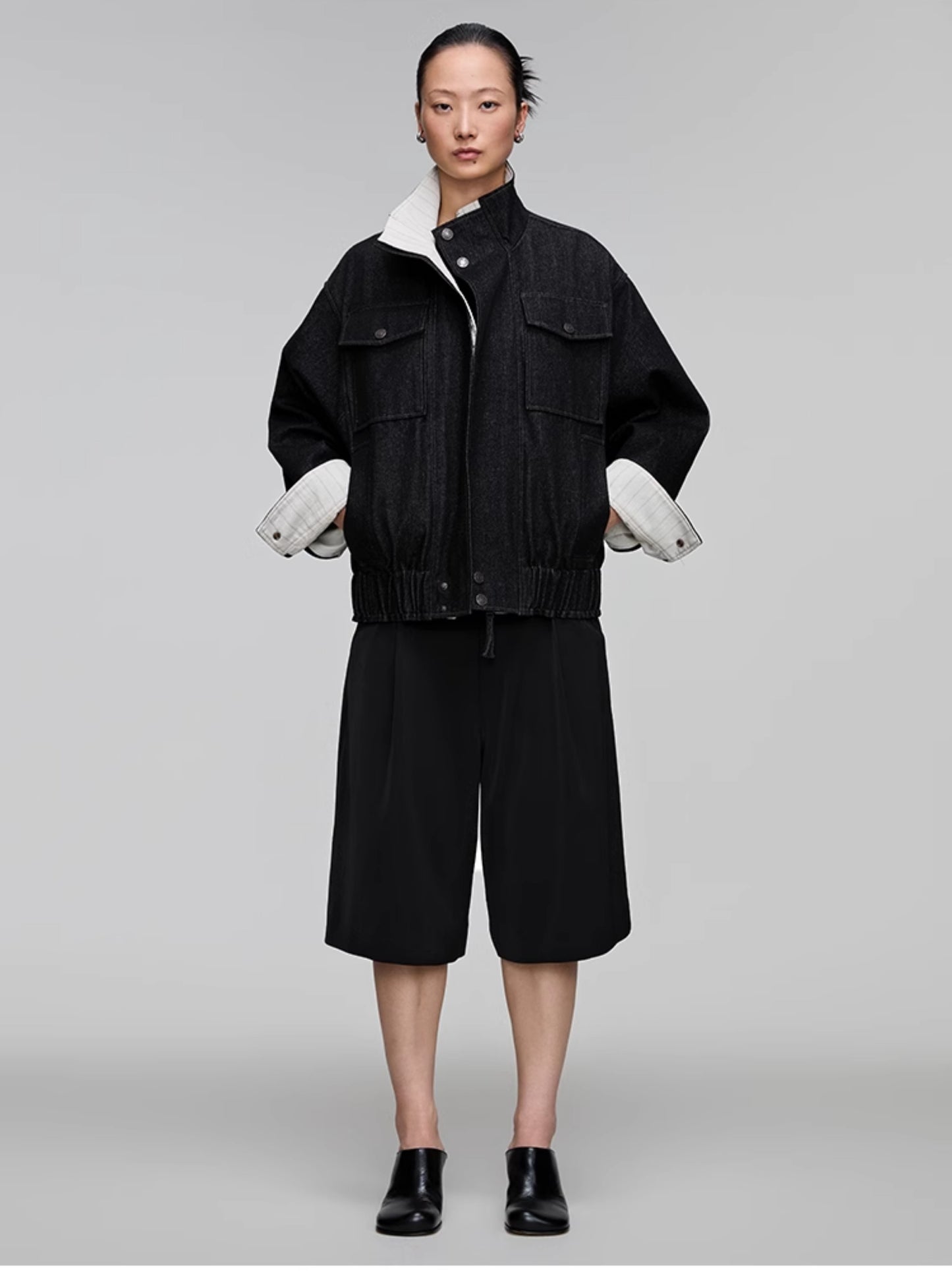 Stand collar patch pocket denim jacket