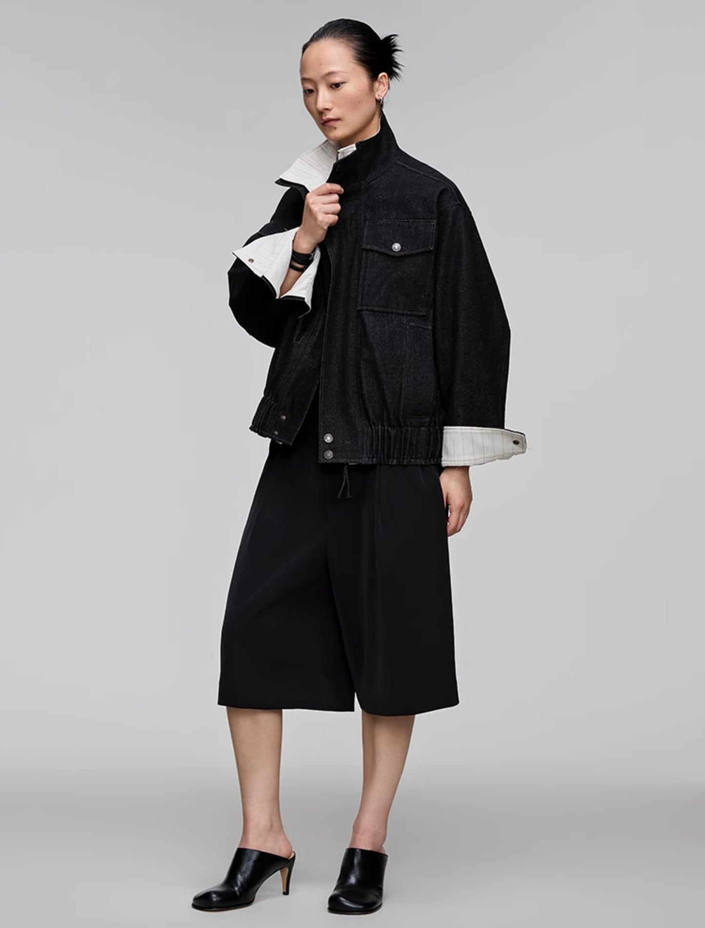 Stand collar patch pocket denim jacket