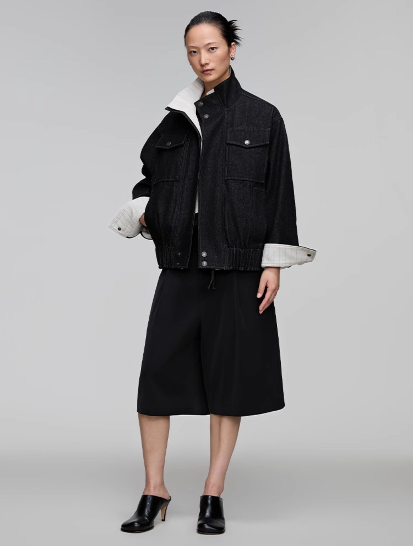 Stand collar patch pocket denim jacket