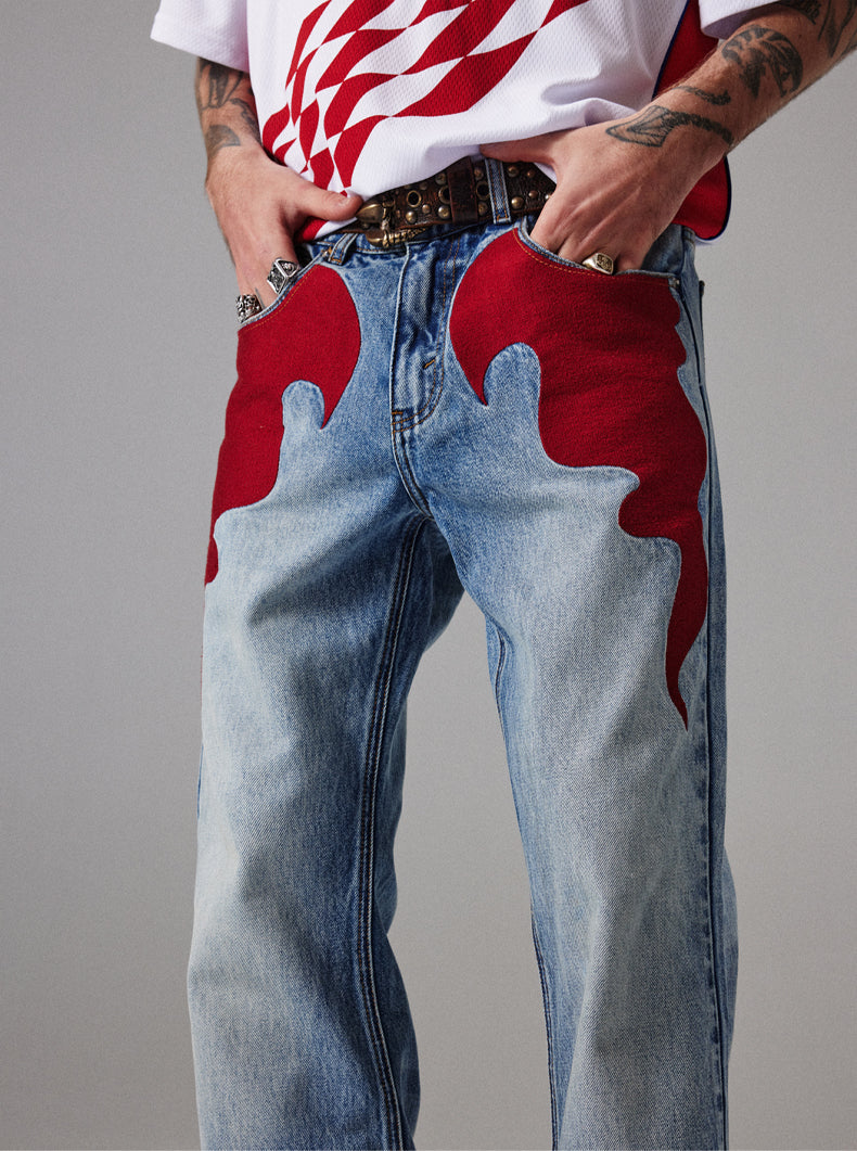 flame embroidery flare jeans