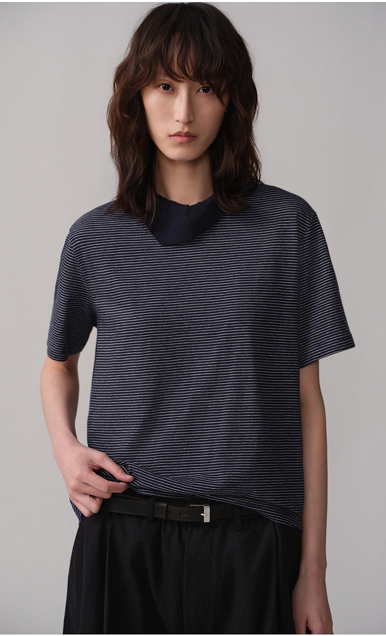 carf-Collar Striped T-Shirt