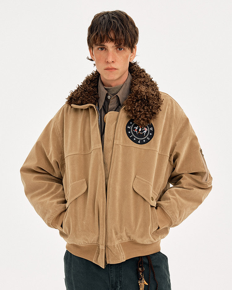 Retro Embroidery Faux Suede Collar Jacket