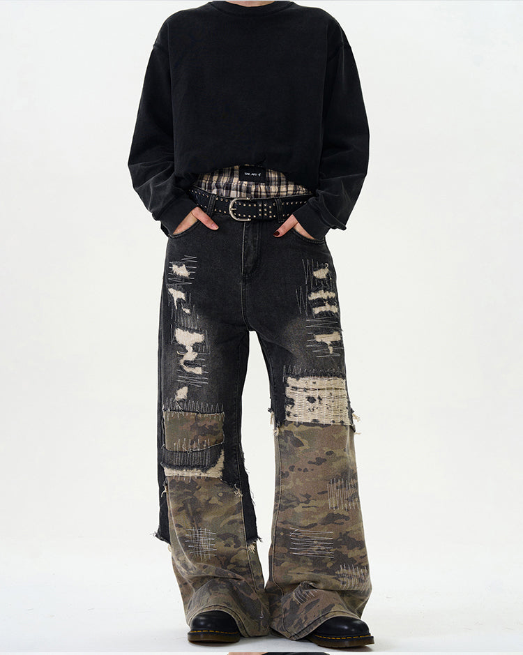 Random Stitch Embroidery Patchwork Jeans