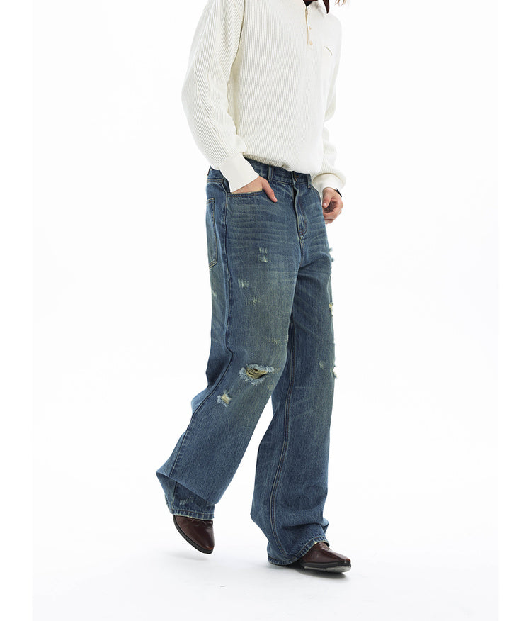 Washed Damaged Loose Casual Denim Pants