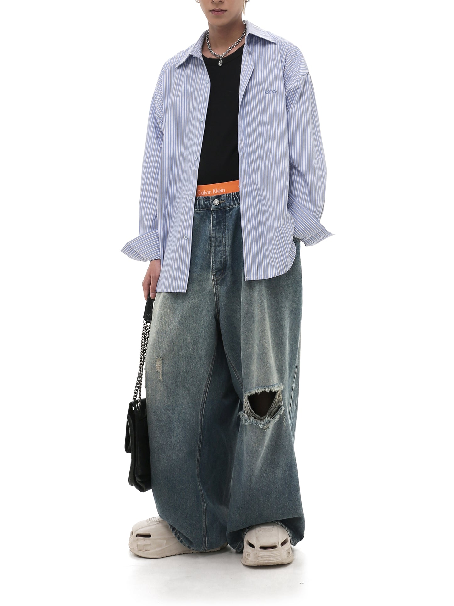 Drawstring Damaged Washed Denim Pants