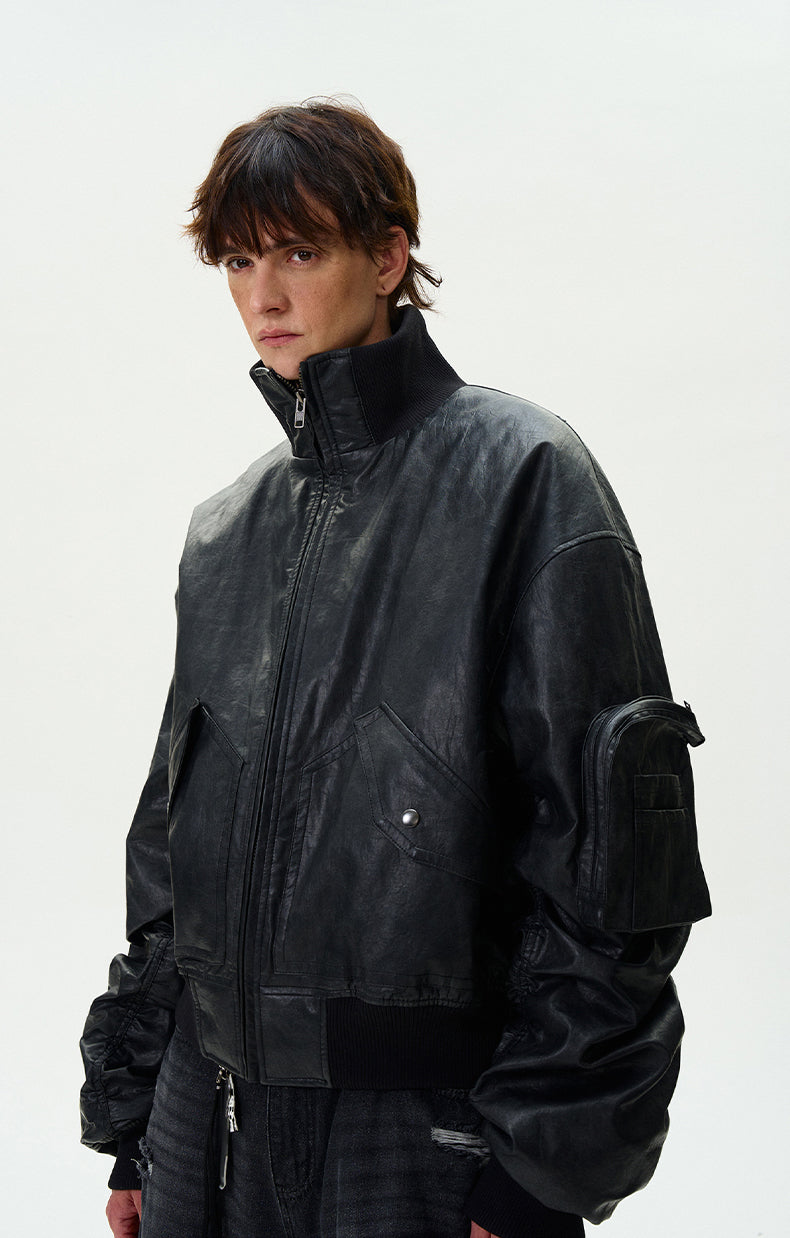 Washed Bomber PU Leather Jacket