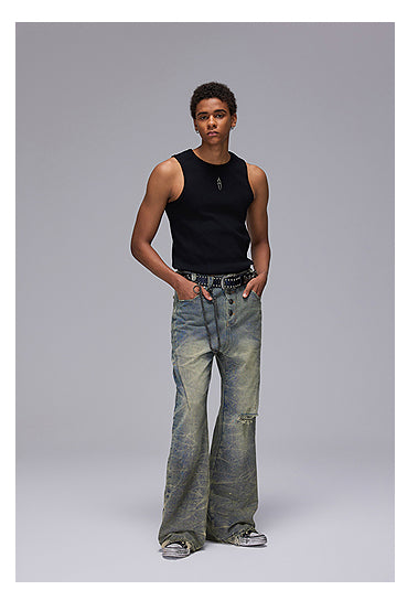 Damaged Micro Flared Slim Fit Denim Pants