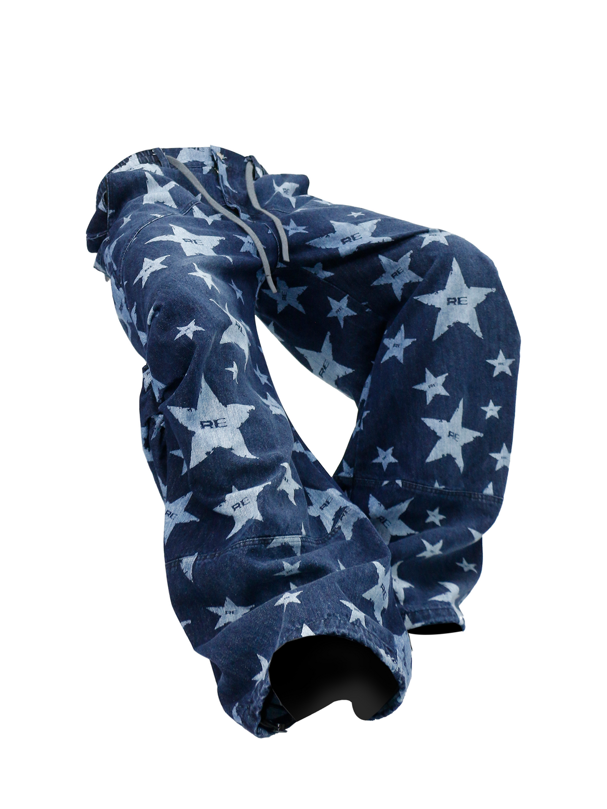 Printed Pleated Workwear Denim Wide-Leg Pants