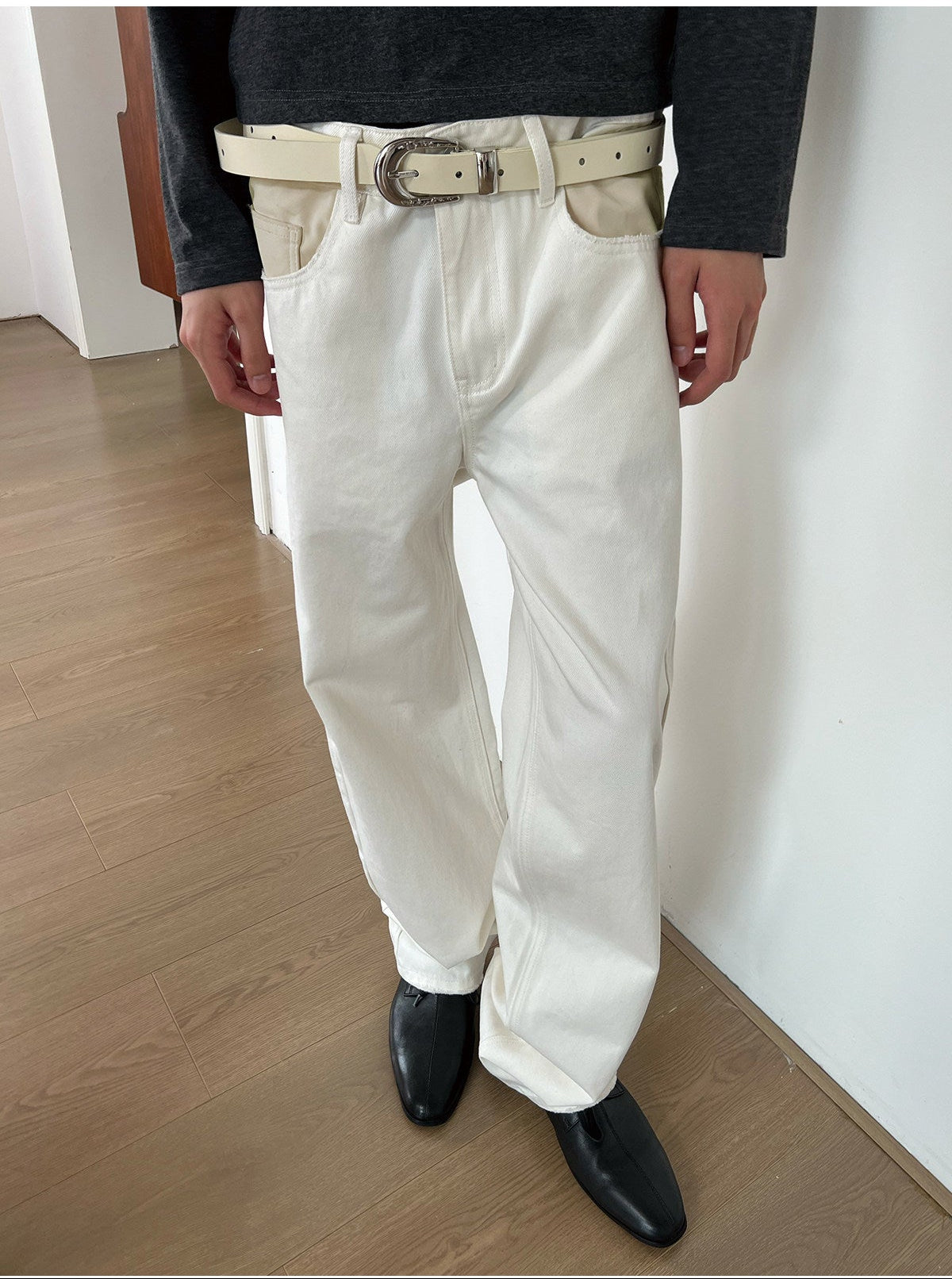 Patchwork Leather Slim-Fit Jeans