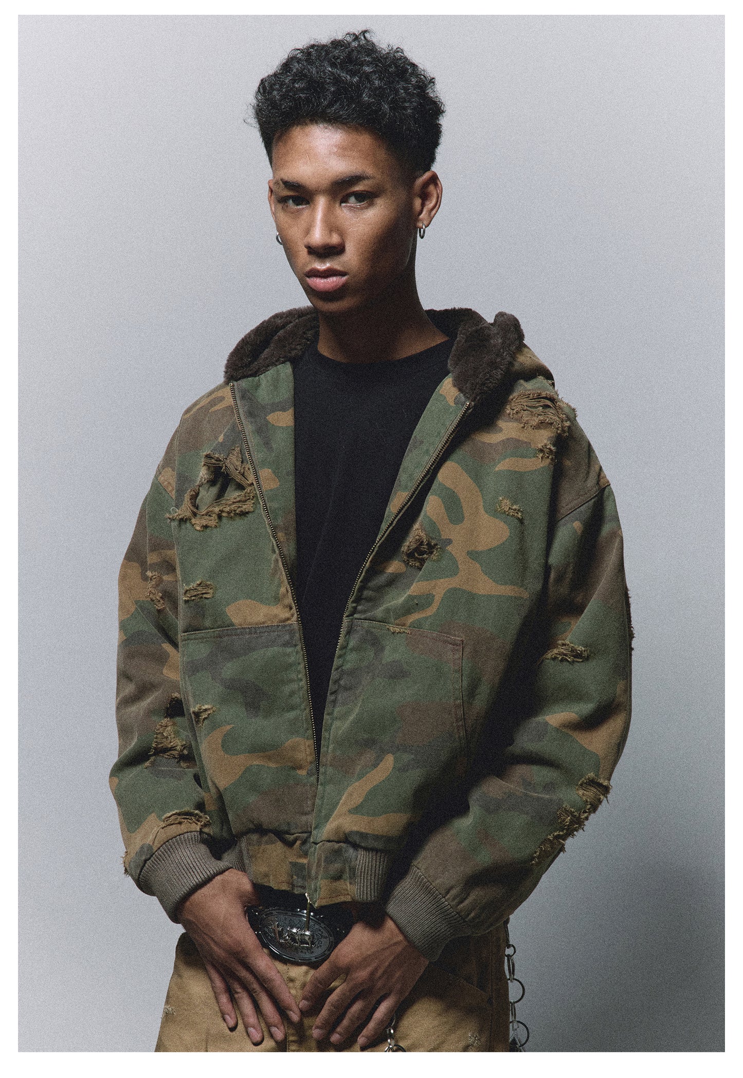 Velvet hooded camouflage jacket