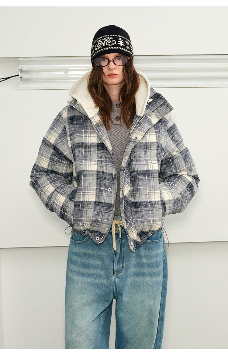 Checked cotton jacket with detachable hood