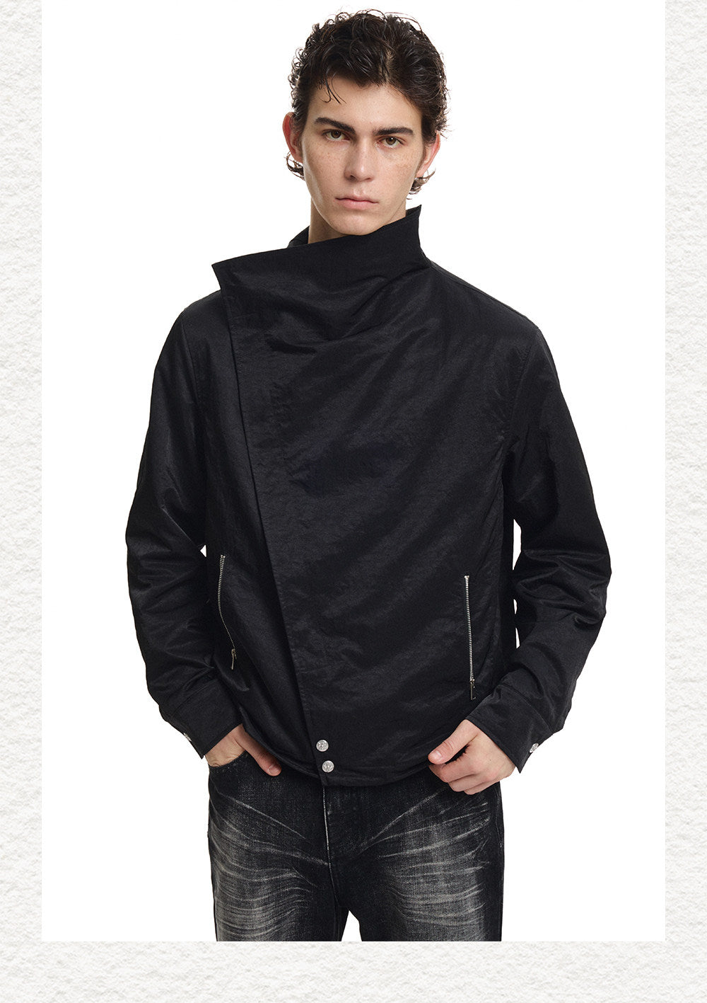 Cross-Button Diagonal Placket Stand-Collar Jacket