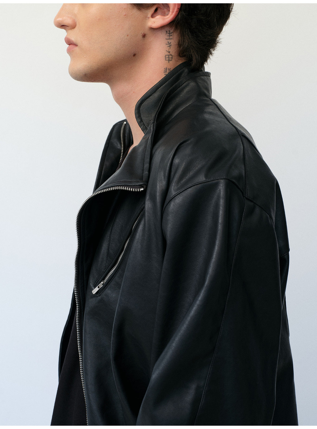 Microfiber-Leather Blend Stand-Collar Jacket
