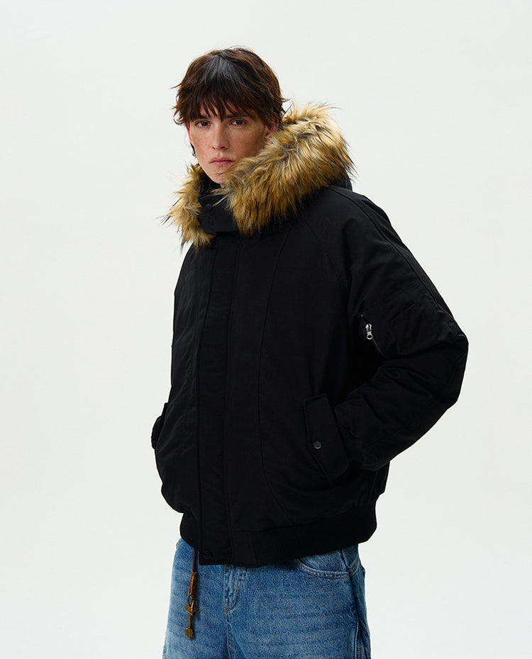 Retro fur collar hooded thick silhouette jacket