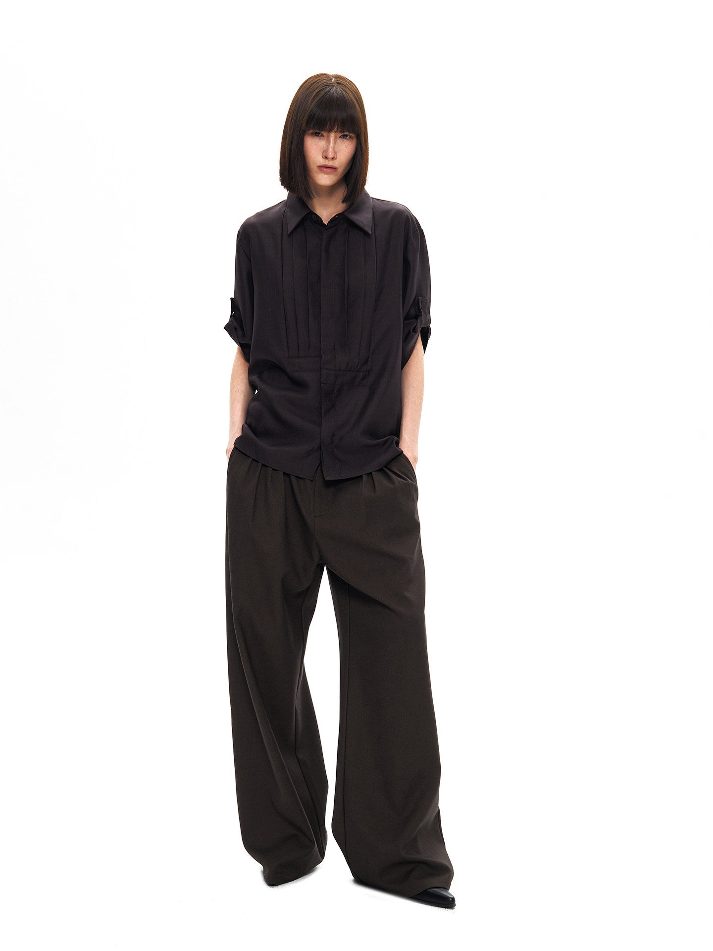 Glossy Asymmetrical Accordion Pleat Shirt