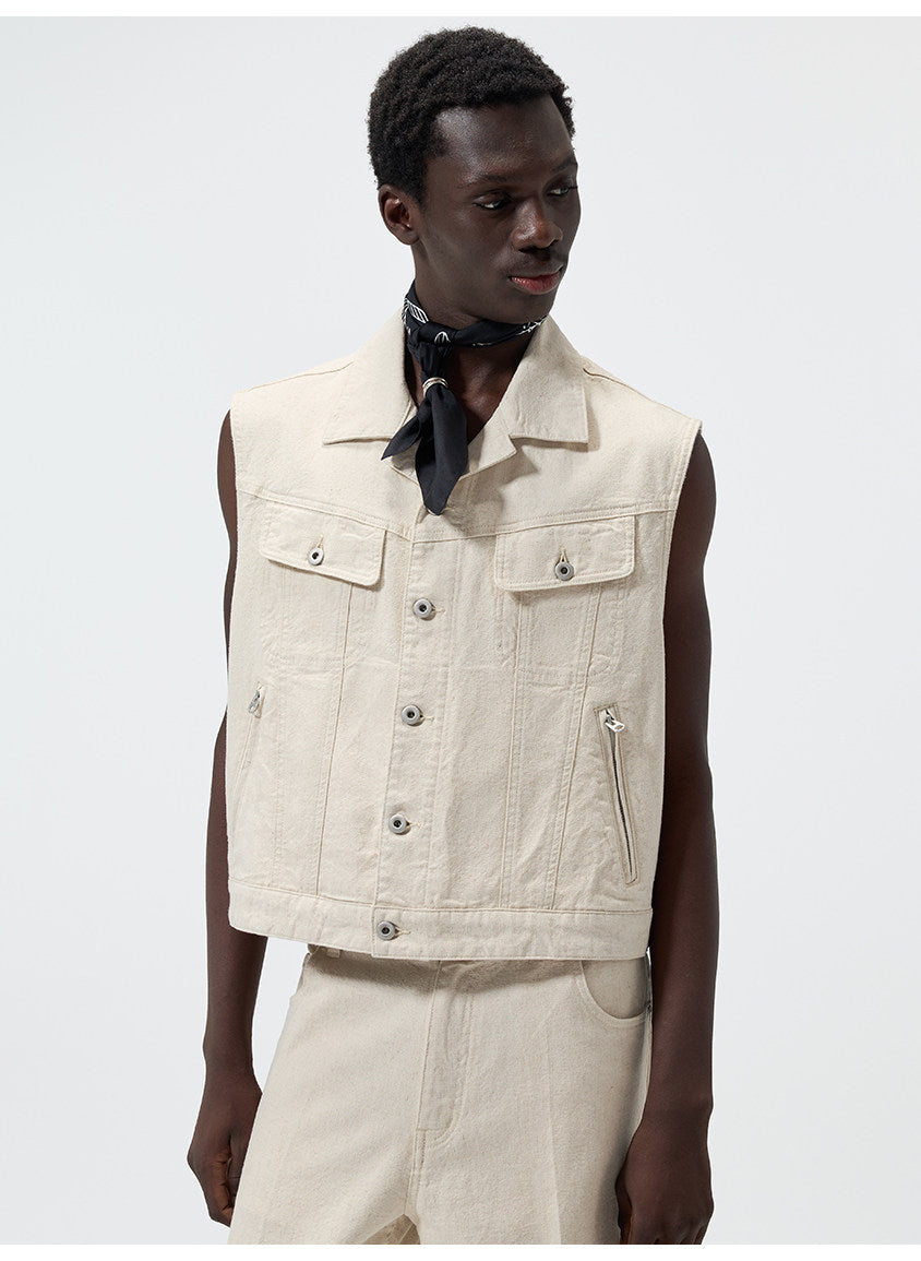 Cuban-Collar Short Denim Vest