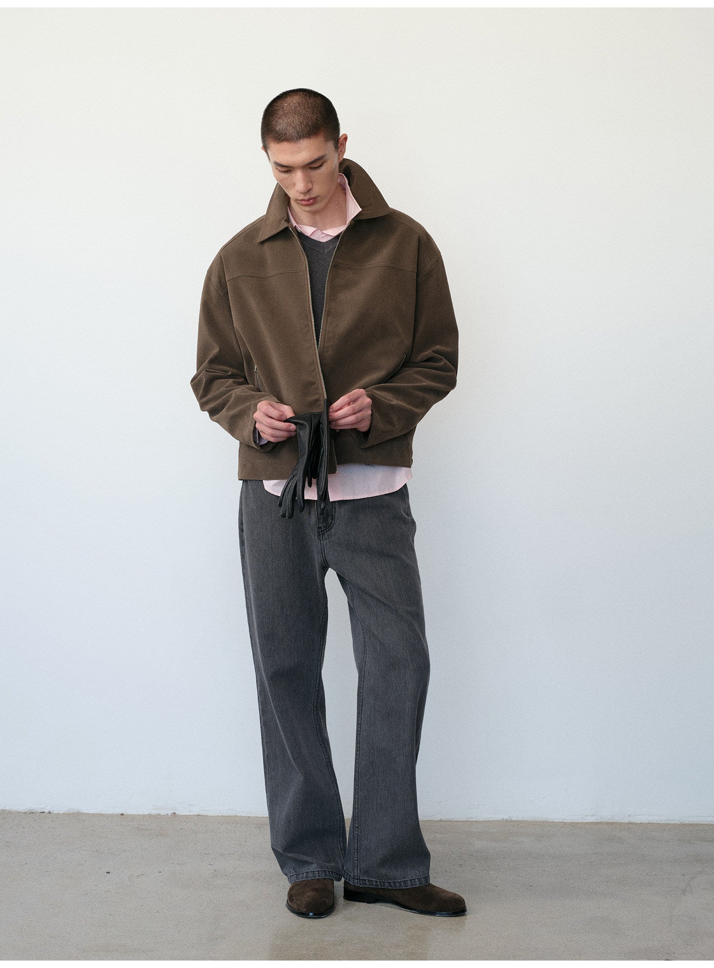 Short Box Jacket with Lapels in Faux Suede