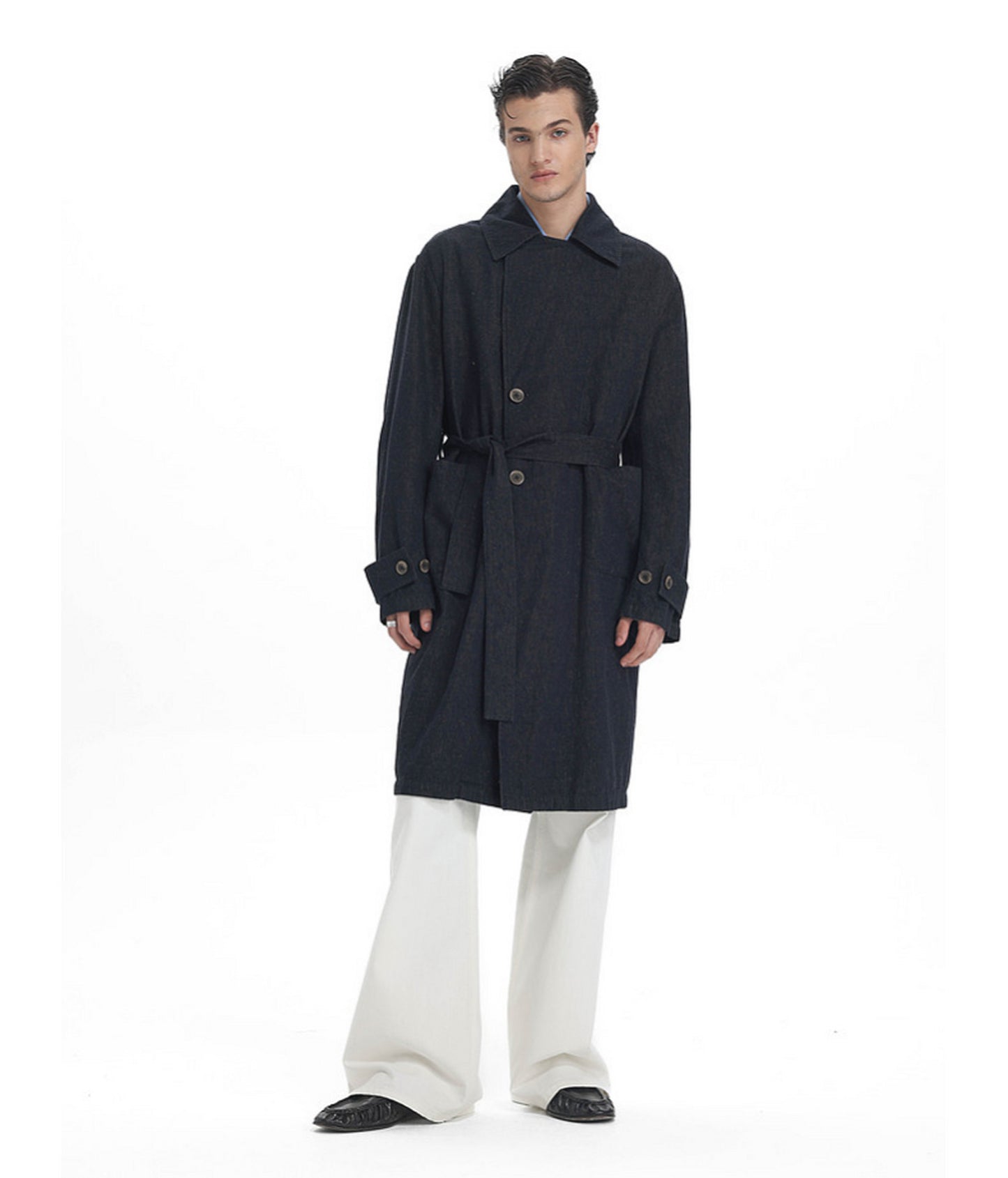 Linen-Blend Denim Trench Coat　
