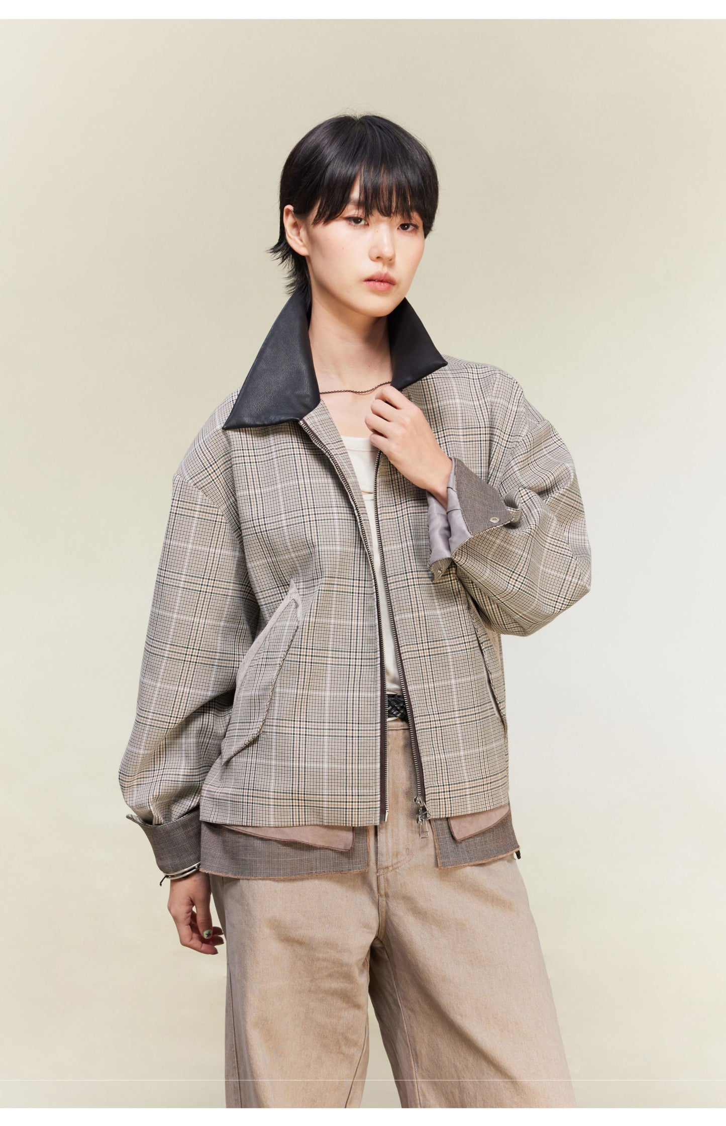 Chidori plaid leather collar jacket