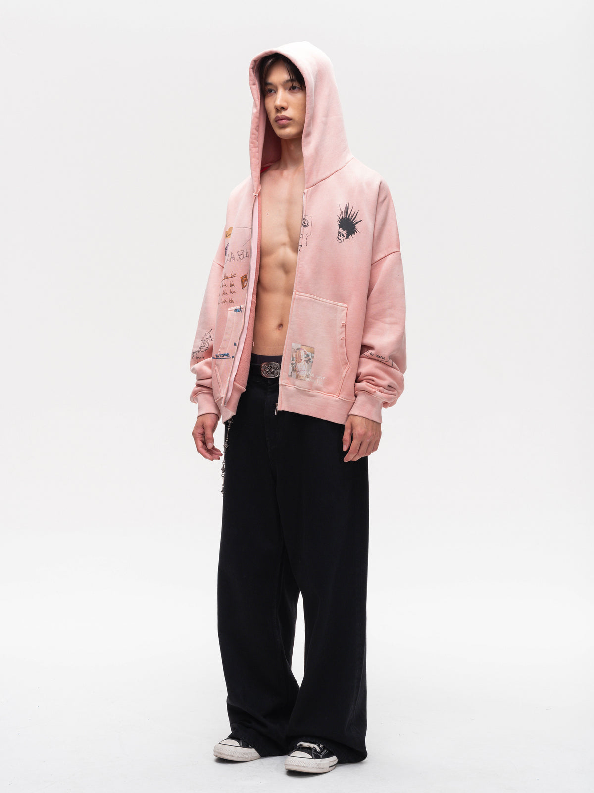 Wash-Distressed Zip-Up Sweatshirt