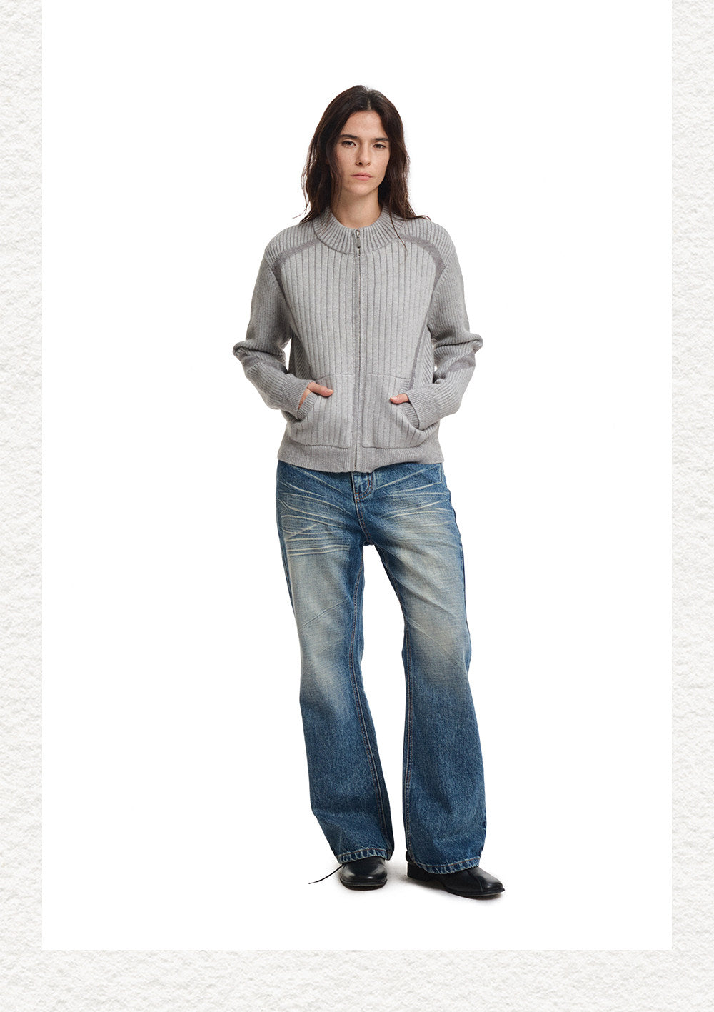 Slim Stand Collar Color-Block Zipper Knit Jacket