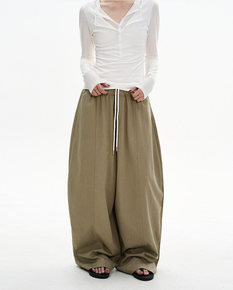 Drawstring Curved Wide-Leg Pants
